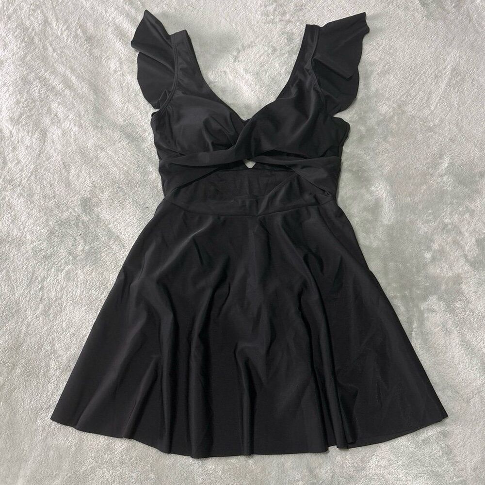 Swimsuit bathing suit black ruffle sleeve twist front one piece coquette modest